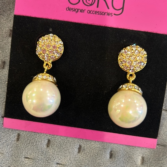 Pave Crystal Top and Iridescent Round Pearl Drop Earrings-boutique - Picture 6 of 11